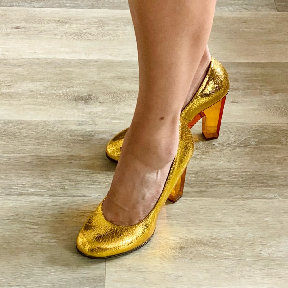 Dries Van Noten Sculptural Heel Gold Foil Pumps